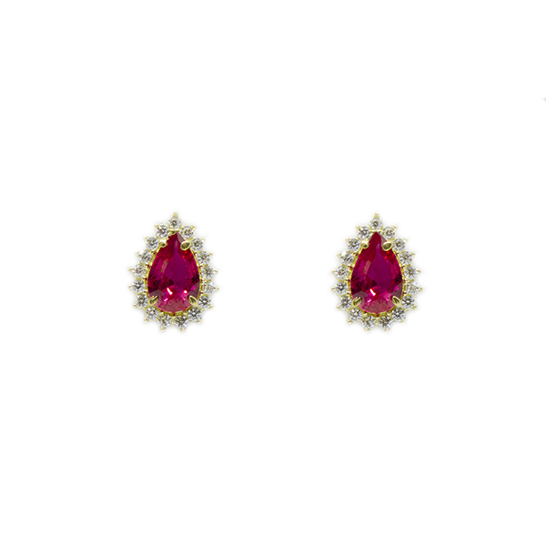 Brinco Gota Vermelho em Zirc�nias em Ouro 18 Kilates � 25409